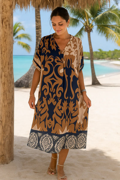 V-Neck And Loose Printed Midi Dress