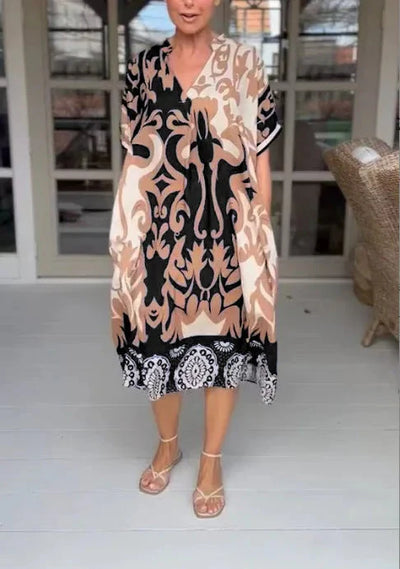 V-Neck And Loose Printed Midi Dress