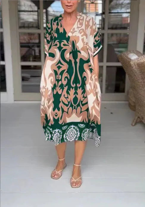 V-Neck And Loose Printed Midi Dress