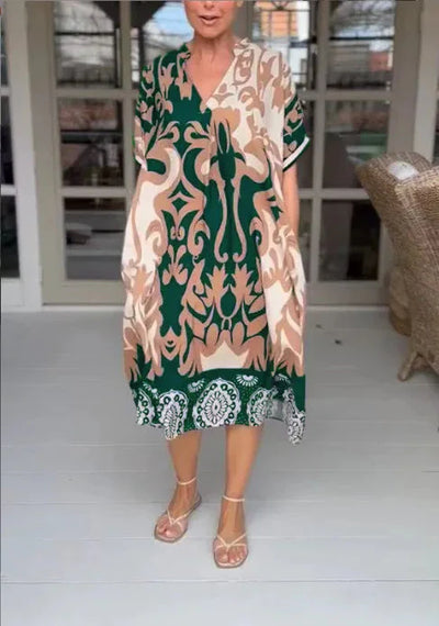 V-Neck And Loose Printed Midi Dress