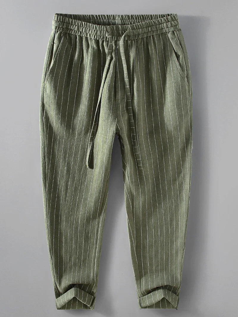 Striped Linen-Cotton Cropped Pants