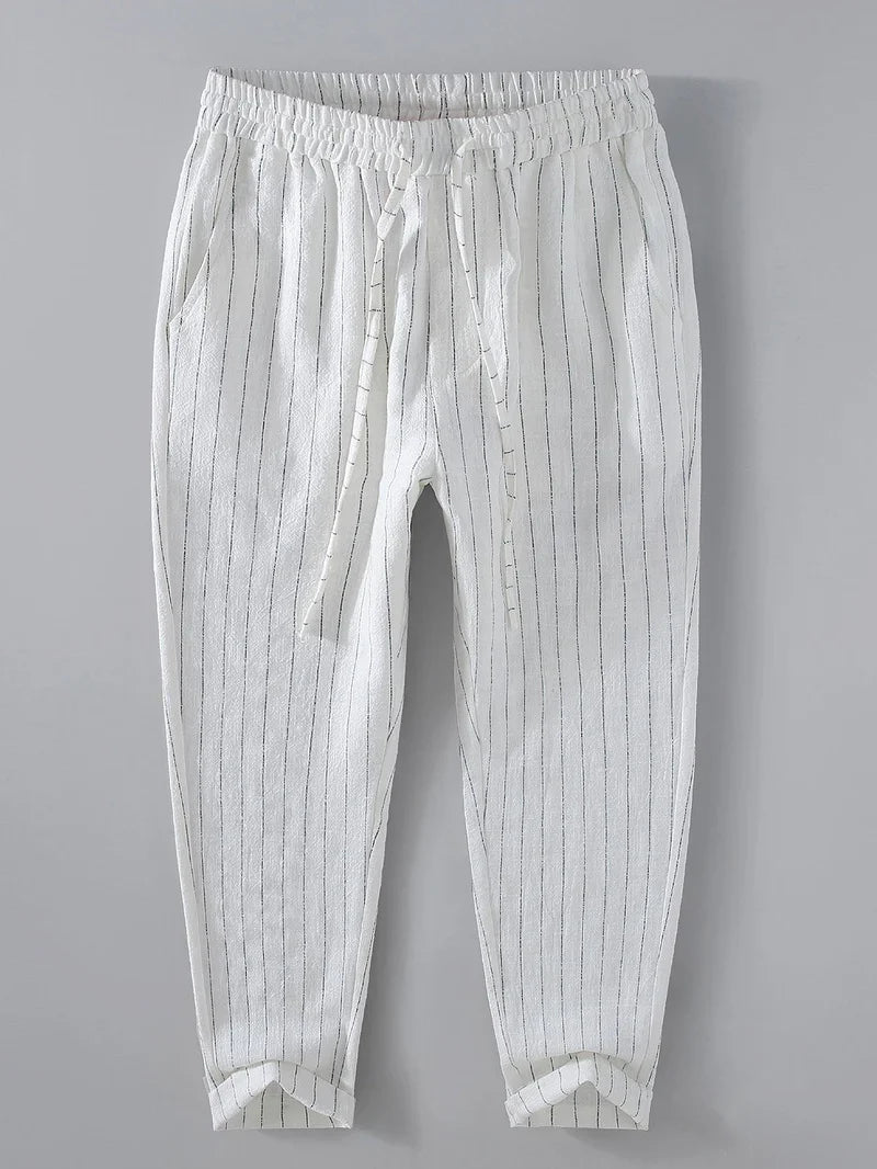 Striped Linen-Cotton Cropped Pants