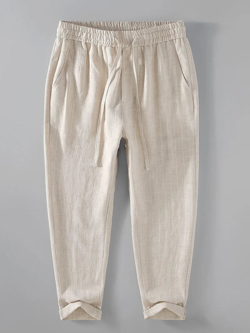 Striped Linen-Cotton Cropped Pants