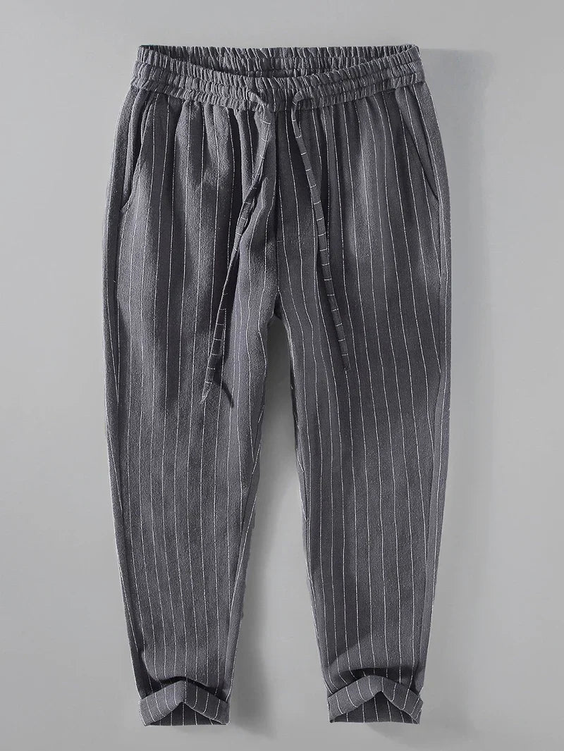 Striped Linen-Cotton Cropped Pants