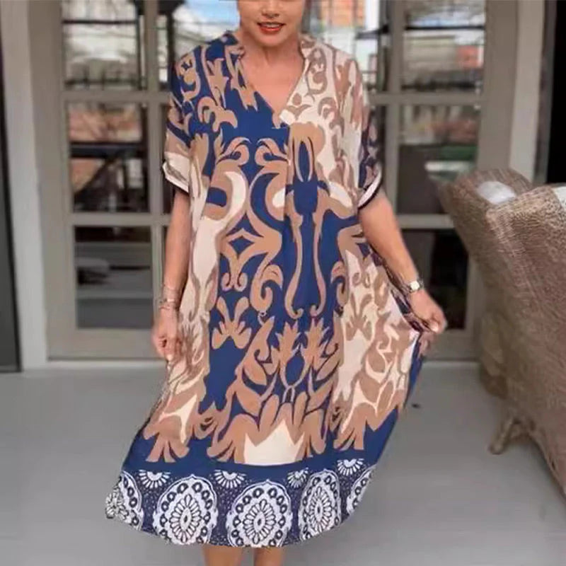 V-Neck And Loose Printed Midi Dress